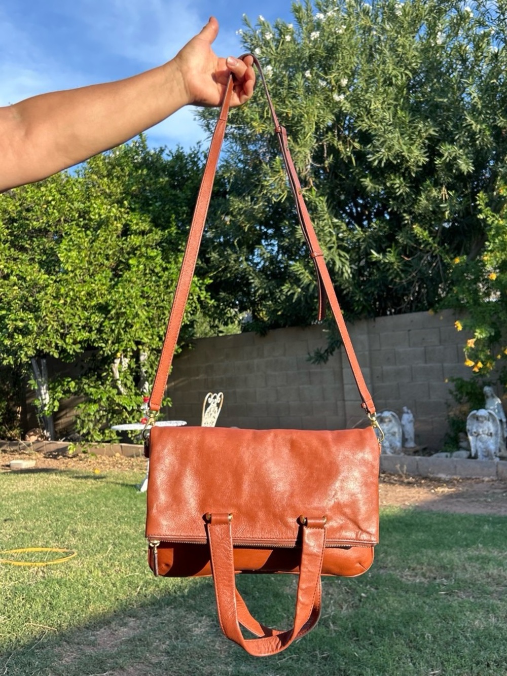Fossil Caramel Brown Leather Foldover Satchel Bag